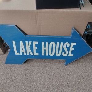 Large Blue Lake House Arrow Sign And Slow No Wake Metal Sign